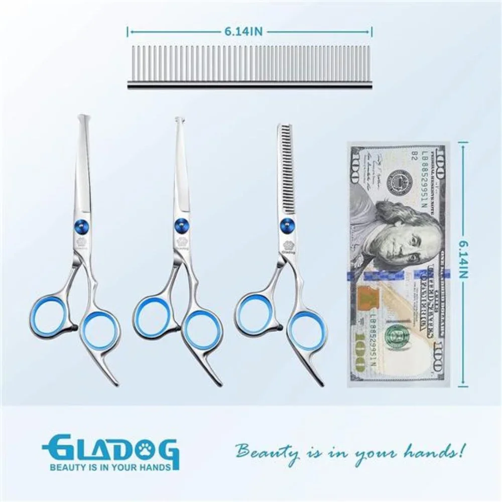 Professional 5 in 1 Dog Grooming Scissors Set with Safety Round Tips, Sharp